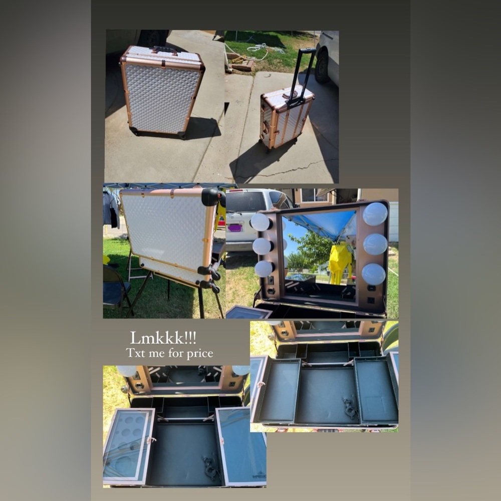 A portable rose gold and gold vanity